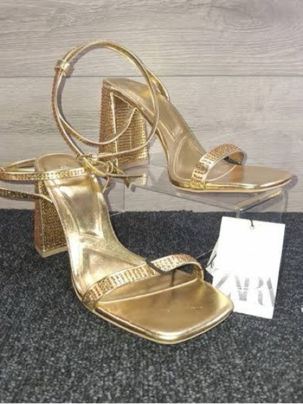 Zara Gold Metallic Block Heel Ankle-Strap Sandals